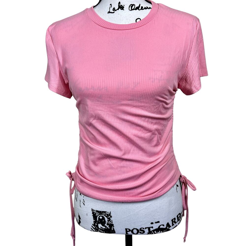 Perefectly Imperfect pink  ribbed ruched Drawstring side top size M baddie